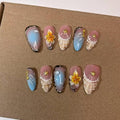 Press On Nails - Handmade Medium Length Almond French Tip Fake Nails, Shell Painting Design, Reusable Artificial Almond False Nails for Women 10 Pcs Acrylic Nails Kit (Size S)