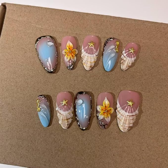Press On Nails - Handmade Medium Length Almond French Tip Fake Nails, Shell Painting Design, Reusable Artificial Almond False Nails for Women 10 Pcs Acrylic Nails Kit (Size S)