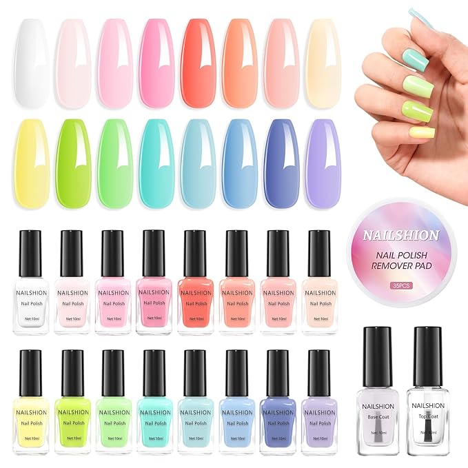 Pastel Nail Polish Set-16 Colors Macaron Pink Blue Yellow Nude Pink Purple Air Dry Nail Polish Set with Base Top Coat & Remover Pads,Vegan, Non-gel Air Dry Salon DIY Nail Art Design Kit