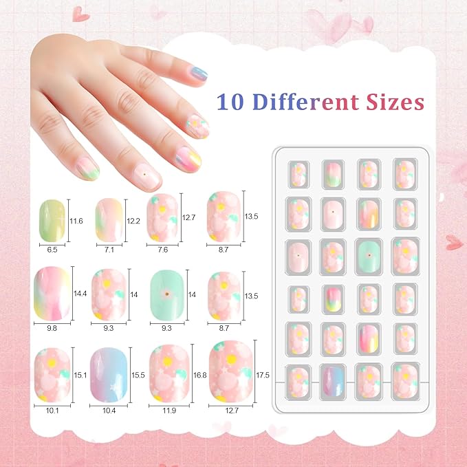 SIUSIO 120Pcs 5 Pack Press on Nails kids Children Acrylic Fake Nails Cute Pre-glue Full Cover Gradient Color Rainbow Short Stick On False Nail Art Kits Set for Kids Little Girls - Gradient Paradise