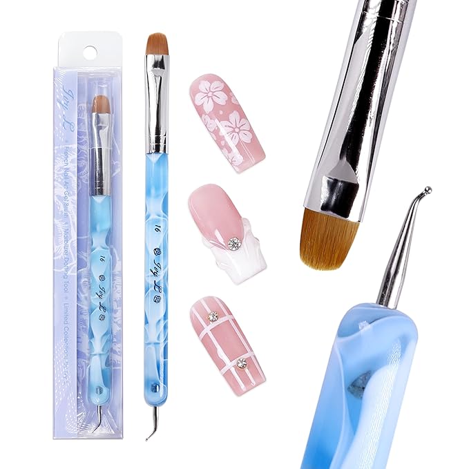 Ivy L Premium 2 Way French Gel Acrylic Nail Art Kolinsky Brush with Dotting Tool for Professional Manicure Cuticle Clean up Nail Art Design (Size # 16, Blue Marble)