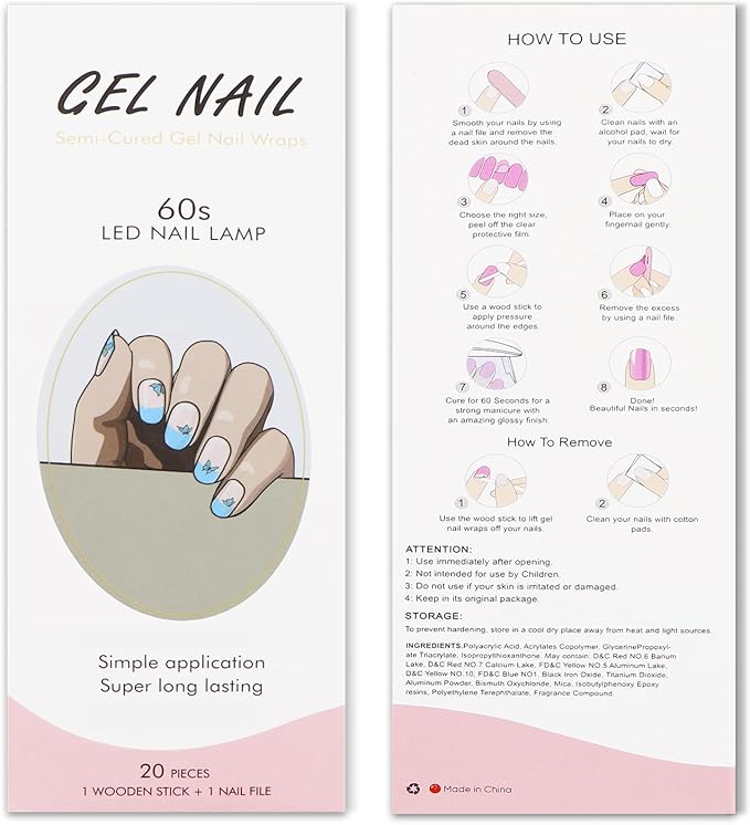 JMEOWIO Gel Nail Stickers Blue Butterfly French Tip Semi Cured Gel Nail Strips Wraps UV/LED Supplies Nails Art Design Decoration Accessories