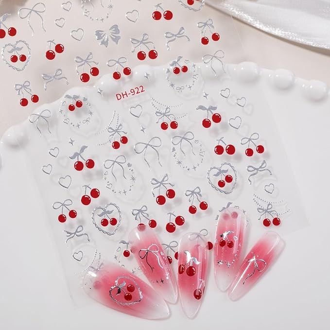 4 Sheets Cherry Strawberry Nail Stickers 5D Embossed Nail Art Stickers Summer Nail Decals with Cute Fruit Bow Designs Sweet DIY Self-Adhesive Nails Art Supplies for Women Girls