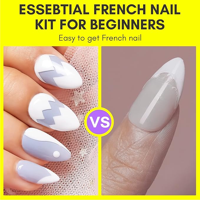 Makartt 7PCS French Nail Art Stickers Kit, 8ML White Gel Polish,6 Sheets French Design Stickers,Self-Adhesive French Manicure Strips Guides Kit For Beginner DIY Design