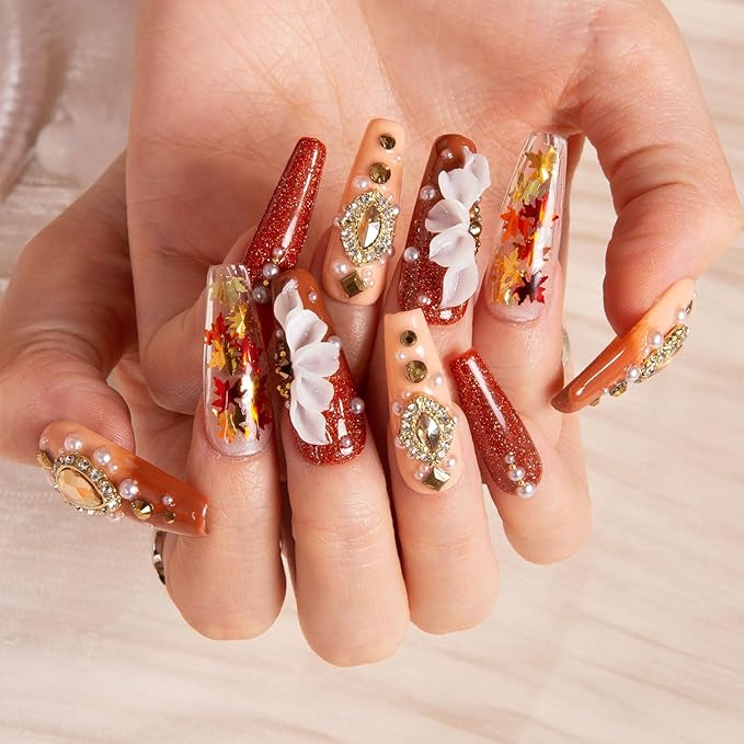 LOVFUL Press on Nails Golden Cascade | Handmade with Full Covered Crystals | Reusable Full Cover Nails | Coffin Classic Regular 1.3 in | H343-S