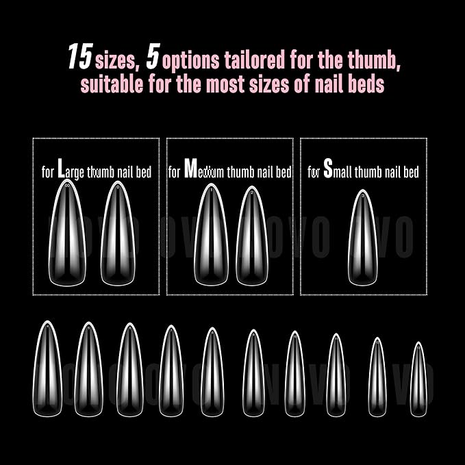 NOVO OVO Long Almond Nail Tips NATURAL (Not SCULPTED) for Flat Nail Beds, Extra Thick L Length False Nails Press on, Full Cover Soft Gel Fake Nail Extension, Salon DIY x 15 Sizes 450 pcs