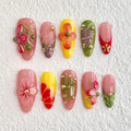 Luxury Press on Nails Medium Almond Handmade 3D Unique Reusable ABS Material Fake Nails French Tip False Nails with Designs Flower Water Drop Art Petal Glossy Glue on Nails Thick Acrylic Nails(S)
