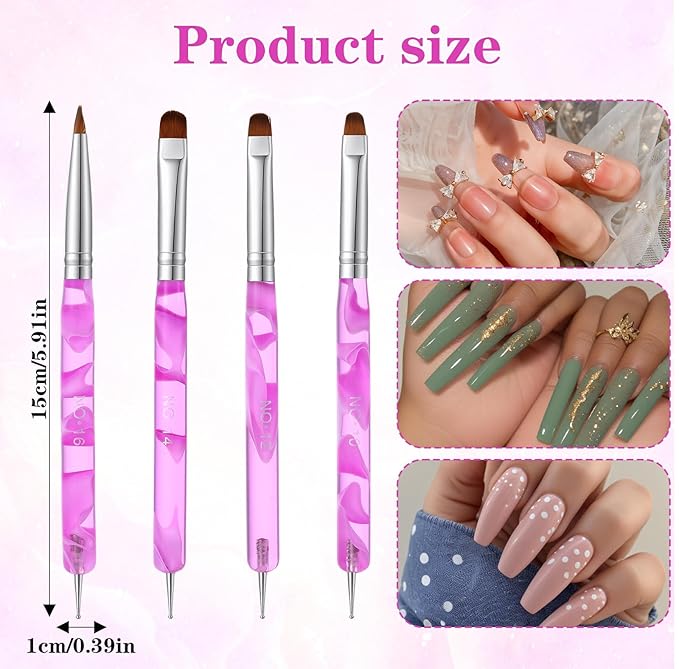 4 Pcs French Tip Clean up Brush Gel Nail Polish Nail Art Brush Tools for Builder Gel Dotting Tools Kit Design Supplies Professional Manicure Cuticle Clean Up Small Detail Painting 3D Acrylic Brushes