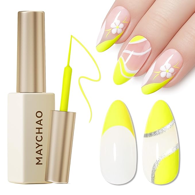 MAYCHAO Neon Yellow Swirl Gel Liner Nail Art Polish, 8ml Spring Summer Bright Yellow Gel Color Built-in Thin Brush, UV Light Cure for French Nail Tips DIY Manicure at Home Salon