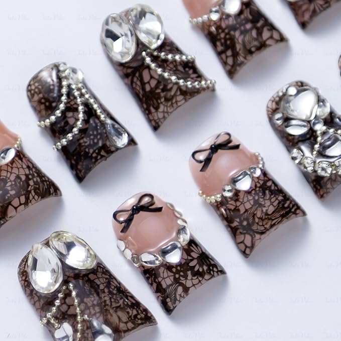 10 Pieces Luxury Acrylic Press On Nails Short Handmade Duck Nails, Black Thickened False French Nails, 3D Lace Texture, Large Rhinestones, Reusable Fake Nails, Acrylic Nails (S)