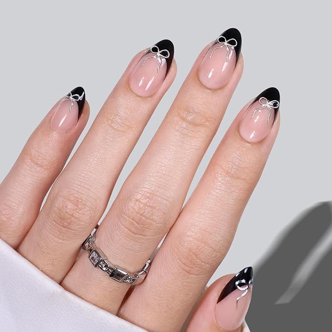 Black French Tip Press on Nails Short with 3D Bow Design - Soft Gel Almond Fake Nails for Women Gift, Natural Stick on Nails with Glue in 16 Sizes - 32 Reusable Nails, Silver Ribbon