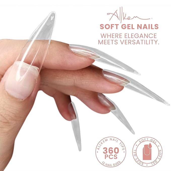 Allkem Soft Gel Nail Tips - XXL Stiletto Nail Extensions with Refill Bag - 12 Sizes Extra Extra Long Full Cover Nails - Clear (504 Pieces)