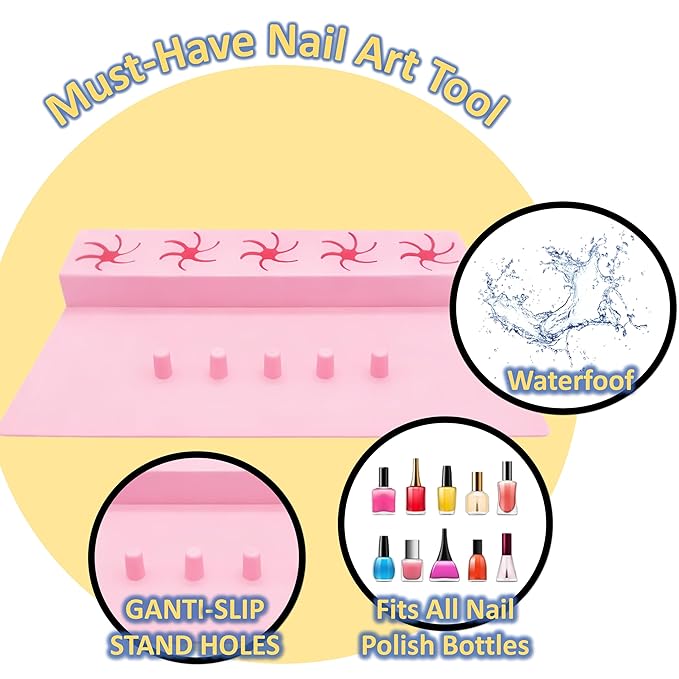 Silicone Nail Polish Holder and Mat, Anti-Spill Bottle Stand with 5 Slots, Manicure Hand Rest with Finger Separators, DIY Nail Art Station Organizer for Painting Nails, Pink