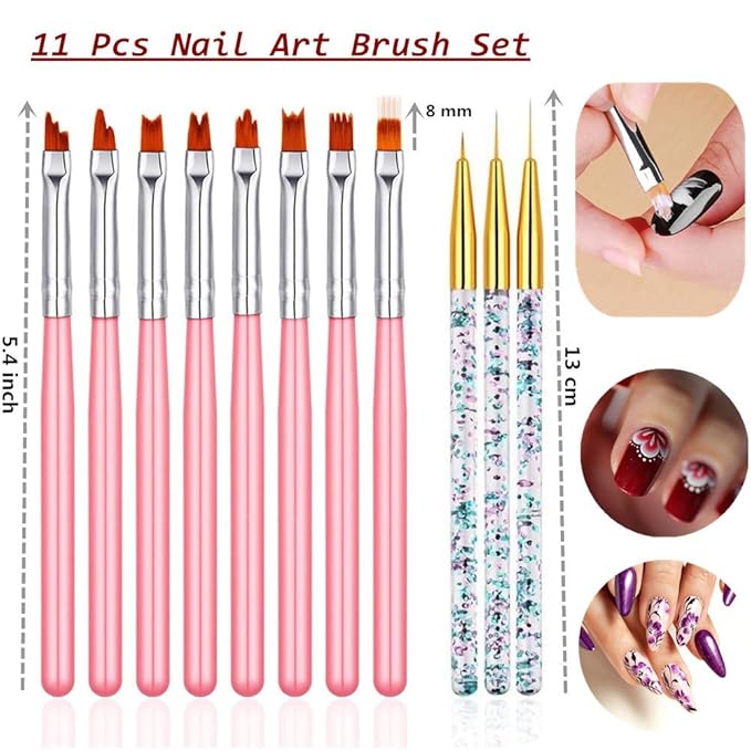 11 Pc Nail Art Brush Set - UV Gel Painting Pen, Flower & Gradient Designs, Liner Brushes