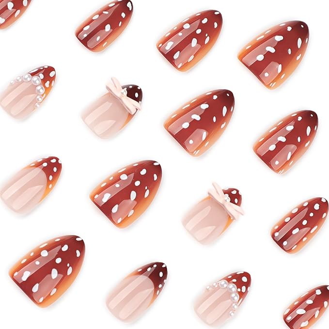 Brown Press on Nails Short Almond Fake Nails with White Spots Design - Fall False Nails French Tip Full Cover Stick on Press ons - for Women 24 Pcs