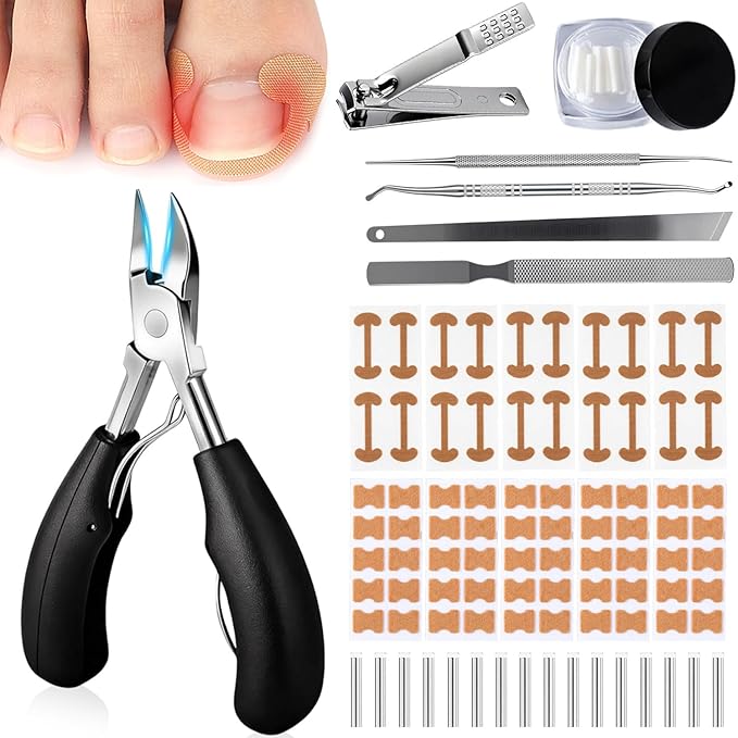 Professional Ingrown Toenail Corrector, 2-in-1 Ingrown Toenail Removal Kit with U-Shaped Strips and Correction Patch, Ingrown Toenail Clippers Tool Set- Effective Removal of Ingrown Toenails (Silver)