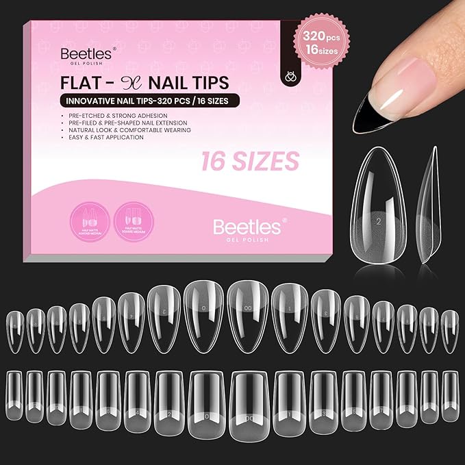 Beetles Gel Nail Tips Flat-X - Almond Square Medium, 320pcs 16 Sizes, Pre-Etched Half Matte Full Cover Soft Acrylic Press on Easy DIY False Nail Extension Salon for Flat & Natural Nail Beds