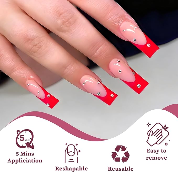 120PC Red French Tip Press on Nails Medium Fake Nails Press ons with 5*Adhesive Tabs, Pink Square Acrylic Nail Press on Nail French Tip Nails False Artificial Fingernails Stick on Nails-D
