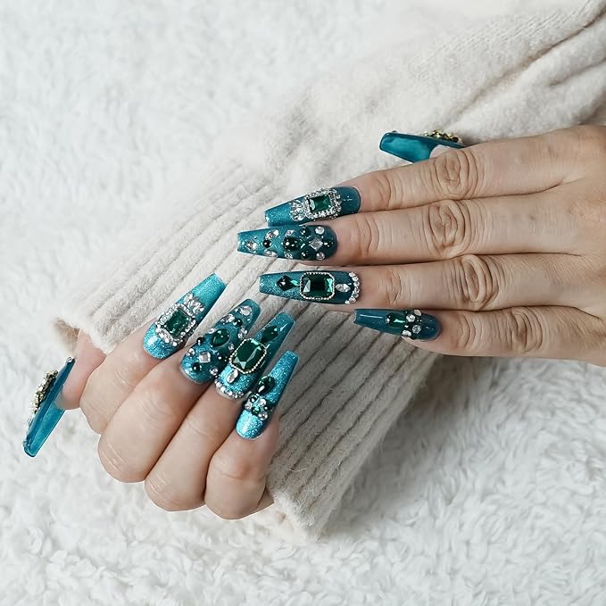 Emerald Luxury Green Press on Nails Long Coffin - Handmade 3D Design with Multi-shape Rhinestones & Crystal Gems Sparkling Elegant False Nails for Women Daily Wear(Emerald Green Sparkle,M)
