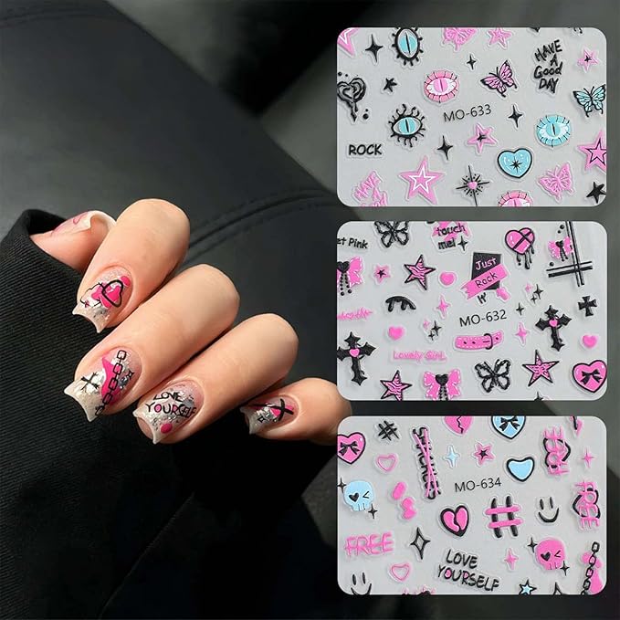 3 Sheets Rock Nail Stickers for Nail Art Adorable Cool Pink Bow Heart Cross Butterfly Evil Eye Designs 3D Embossed Self Adhesive Nail Decals for Women DIY Manicure Decoration YX1235