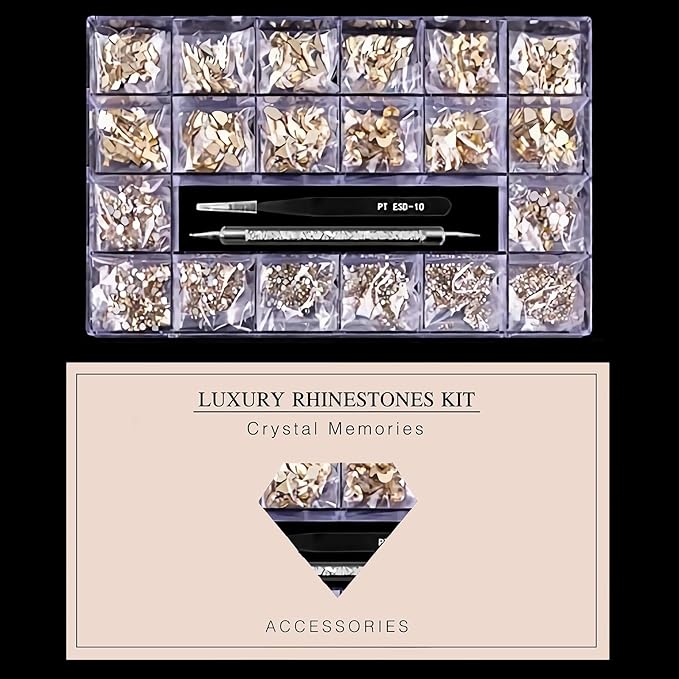 12 Types of 600 Champagne Diamonds + 2500 Flat Rhinestones Mix 20 Styles Flatback DIY Crafts Rhinestone Crystals 3D Ornament‌s Flat Back Stones Set + Tweezers + Drill Pen