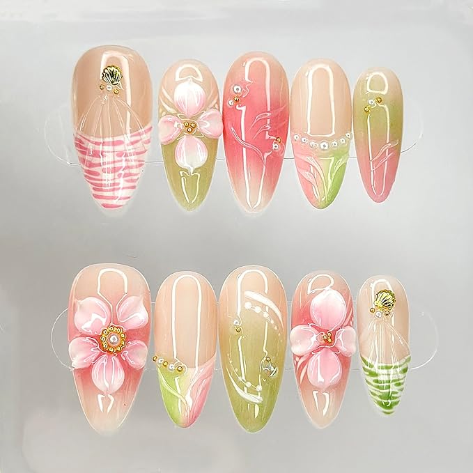Luxury Press on Nails Medium Almond French Tip Handmade 3D Unique Reusable ABS Material Fake Nails Pink&Green False Nails with Designs Floral Art Petal Glossy Glue on Nails Thick Acrylic Nails(M)