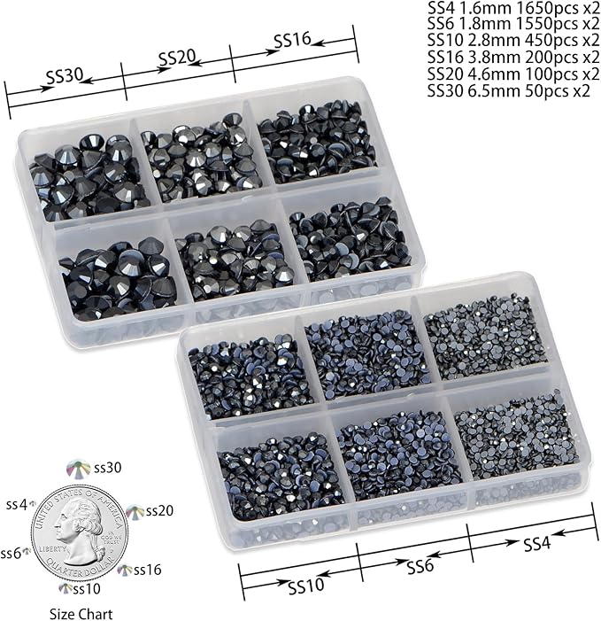 8000pcs Hotfix Rhinestones Flatback,Rhinestones for Crafts Clothes Mixed 6 Sizes, Hotfix Crystals with Wax Pencil Kit, SS4-SS30,Jet Hematite
