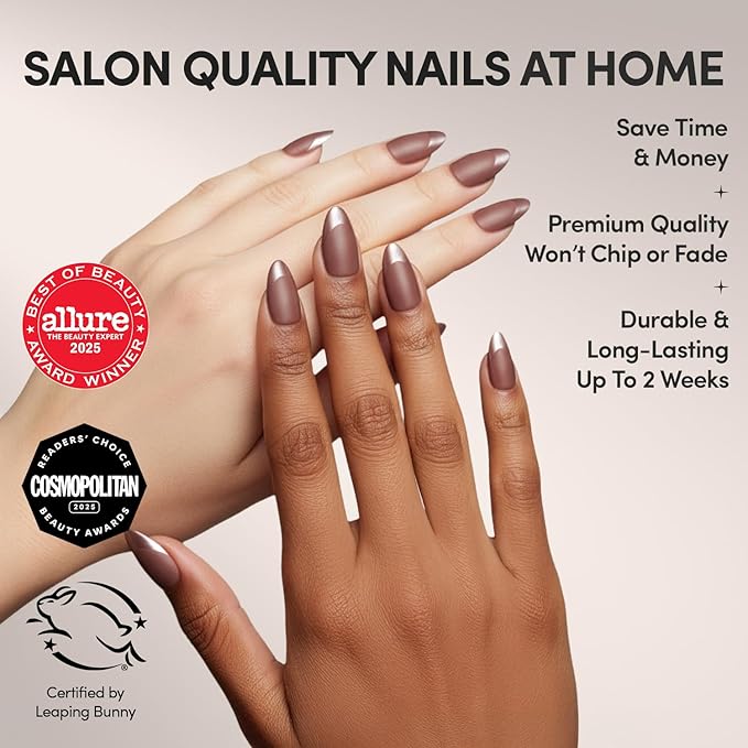 Glamnetic Press On Nails - Terra Fake Nails | Short Almond Dark Brown Nails with Glossy French Tips in a Matte Finish | 15 Sizes - 30 Nail Kit with Glue