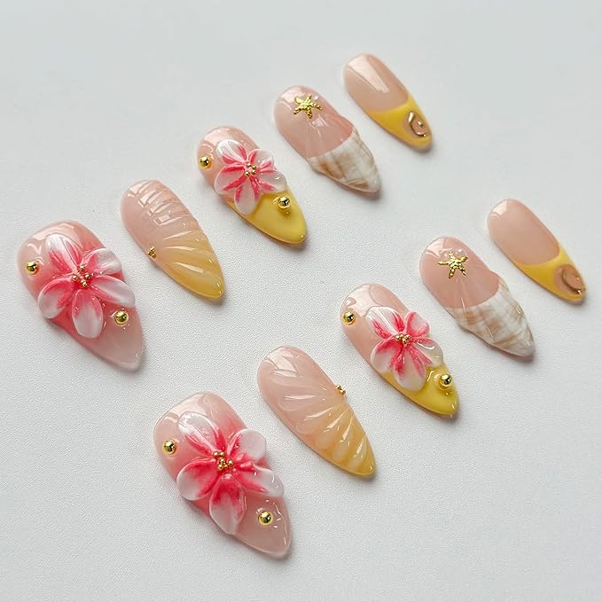 Luxury Press on Nails Medium Almond Handmade 3D Unique Reusable ABS Material Fake Nails French Tip Yellow False Nails with Designs Pink Flower Glossy Glue on Nail Thick Acrylic Nail(M)