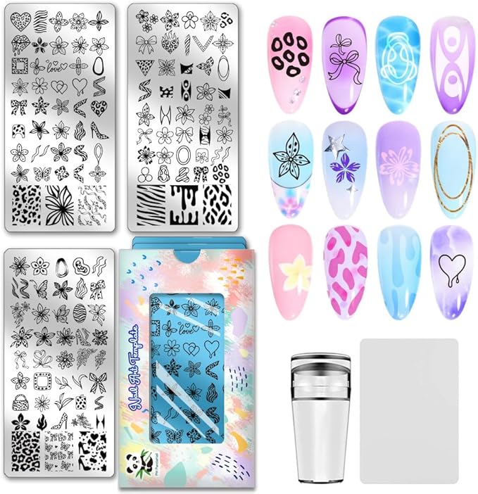 PH PandaHall 3pcs Lily Flower Nail Stamping Plates, Leopard Printed Nail Art Templates Bowknot Heart High Heals Stainless Steel Image Plate Art Stencils with Tool for DIY Print Manicures Salon Design