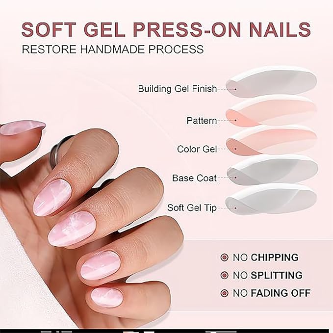 RTKHFZE Press on Nails Short-Pink Marble Press On Nails Almond,Short Fake Nails with Glue,Almond Stick On Nails,Glue On Nails in 16 Sizes - 32 Pcs Soft Gel Fake Nails Kit for Gift Idea