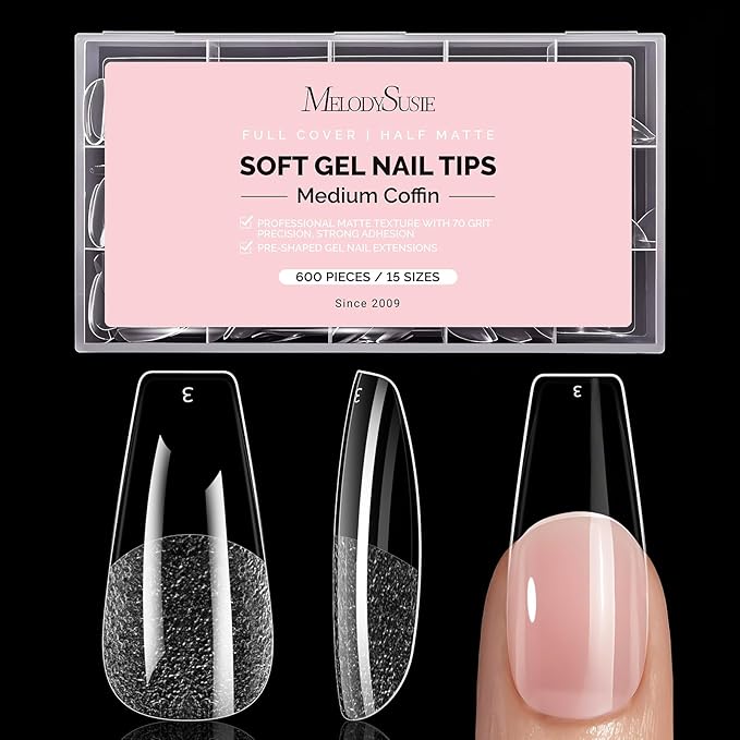 MelodySusie Medium Coffin X Nail Tips - 600Pcs 15 Sizes Clear Acrylic, Half Matte Full Cover Press on Nails for DIY Extension & Salon Use, Pre-Shaped for Long-Lasting Manicure