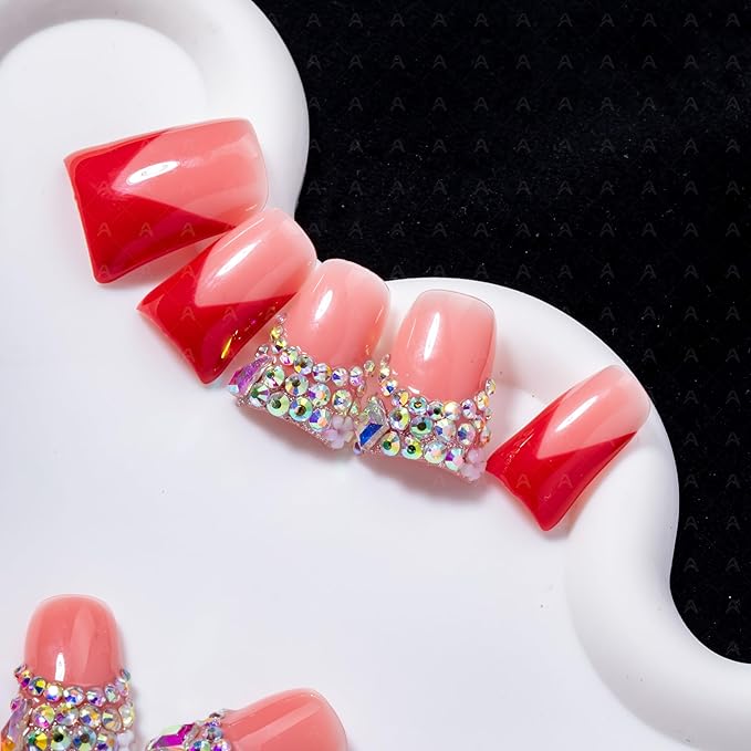 10 Pieces Luxury Y2K Acrylic Press On Nails Short Handmade Duck Nails, Red Thickened French False Nails With Bling Rhinestones, Reusable Fake Nails, Acrylic Nails (S)