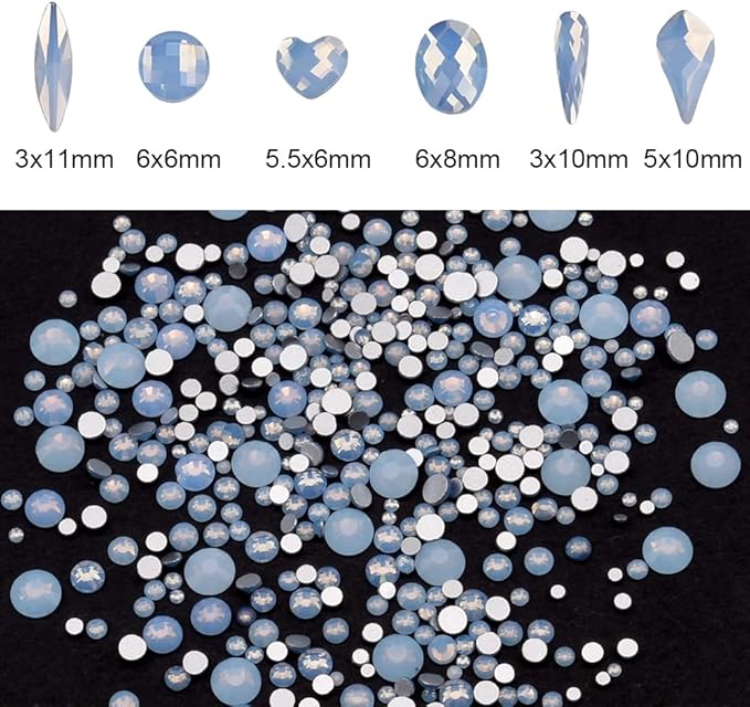60pcs 6 Different Shapes Flatback Blue Opal Nail Rhinestones 480pcs Round 3D Diamond Gems Bulk Pack for Nail Design Jewels Decoration