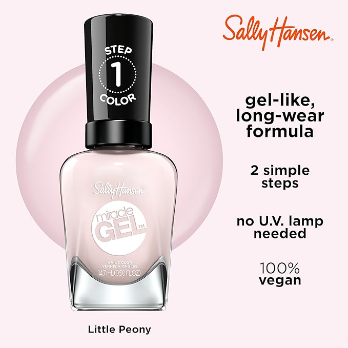 Sally Hansen Miracle Gel Salon Quality Nail Polish | Gel-Like Formula, Two-Step System, No UV Light Needed, Long Lasting | Semi-opaque, glossy | 247 Little Peony | Light Pink Nail Color