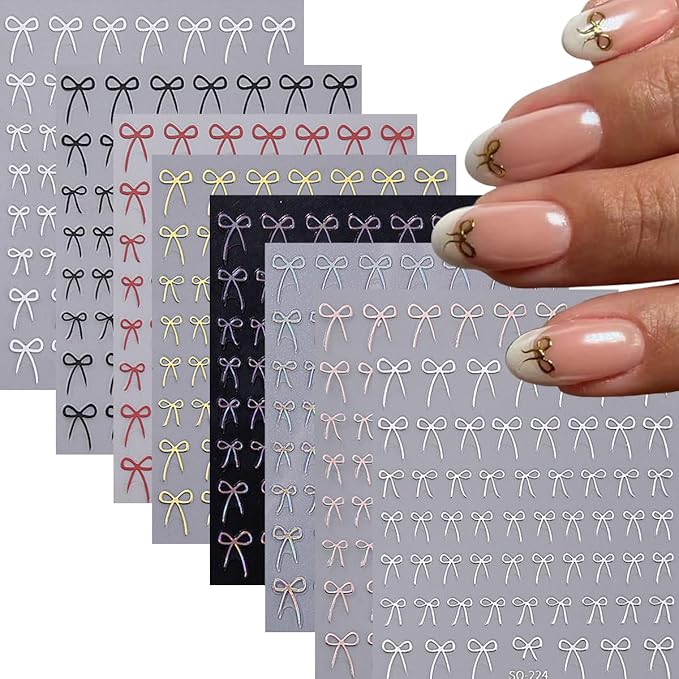 Cute Bow Nail Art Stickers 8 Sheets - Self-Adhesive Nail Decals Glossy Finish, Colors: Black, White, Red, Gold & Aurora, 3D Embossed Nail Stickers for Women DIY