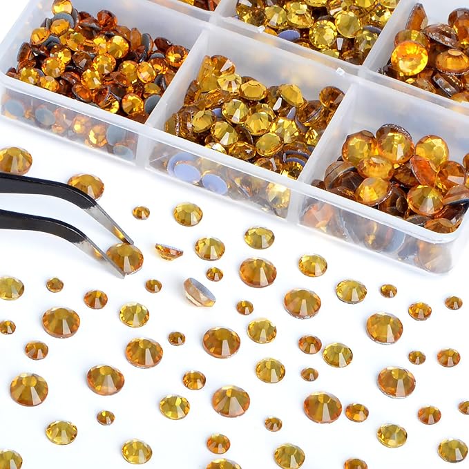 Bymitel Hotfix Crystal Rhinestones Round Gems for Crafts,Mixed 6 Sizes with Wax Pencil Kit, Topaz 1.6-6.3mm SS4-SS30/8000pcs