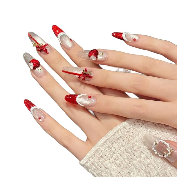 Christmas Press On Nails, Angora Red Cat Eye French Tips with Bow Design, Long Stiletto Shape, 10 Pieces (Small, LS)