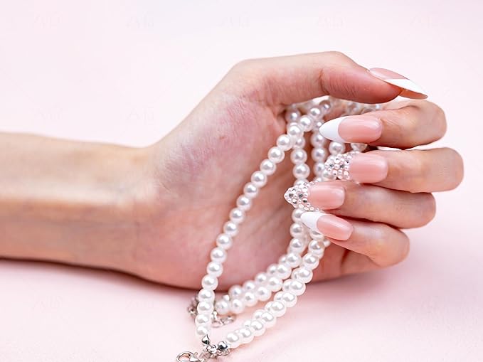 10 Pieces Handmade Press On Nails Medium Almond, White Thickened French False Nails, Pearls And Rhinestone, Reusable Fake Nails Almond, Reusable Acrylic Nails (S)