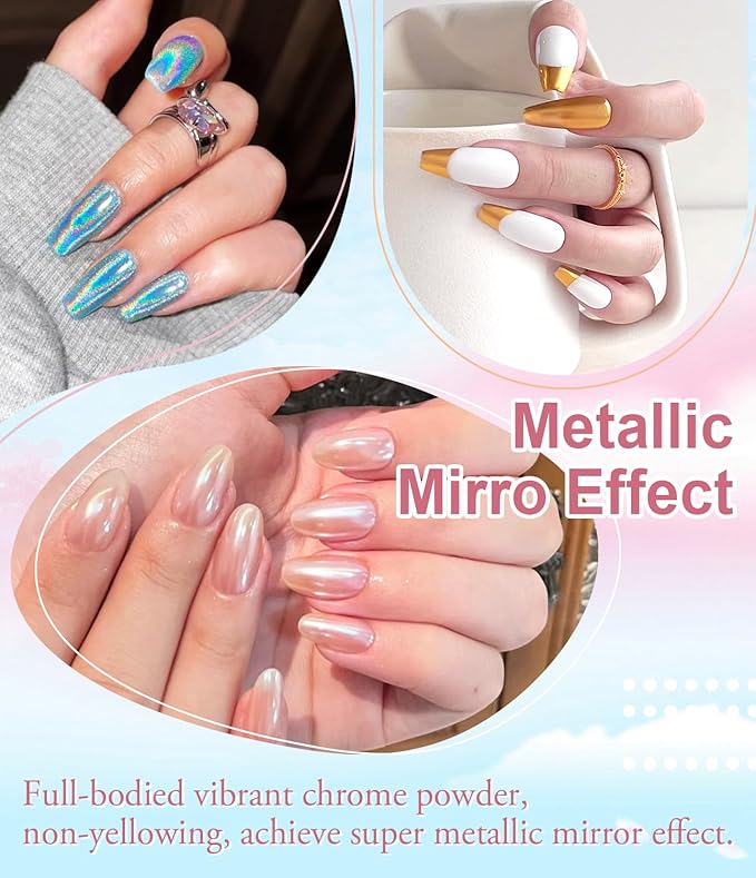 12 Pcs Chrome Nail Powder - Super Metallic Mirror Effect Holographic Aurora Iridescent White Pearl Chrome Nail Powder for Gel Nails DIY Gift for Women