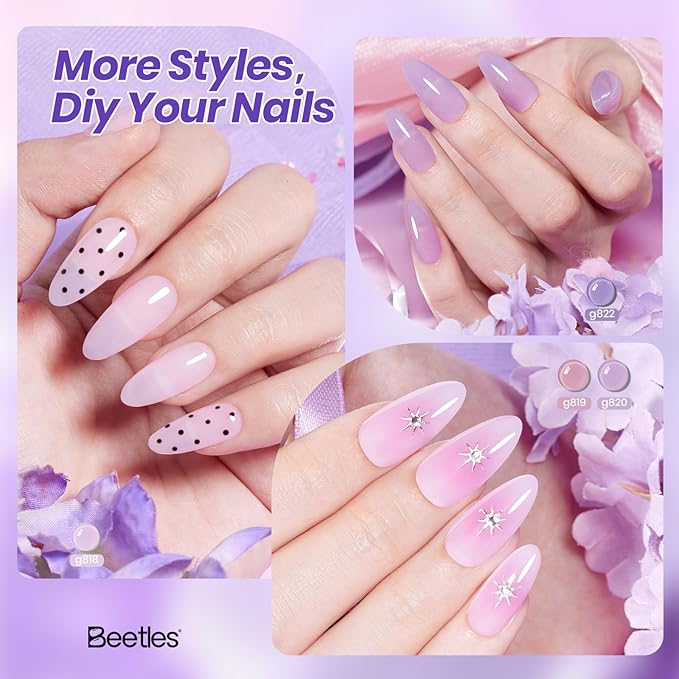 Beetles Amethyst Realm Jelly Purple Gel Nail Polish Set - 6 Colors Spring Gel Polish Kit Jelly Purple Sheer Translucent Effect Soak Off UV French Nail Art Salon DIY Manicure Gift for Women