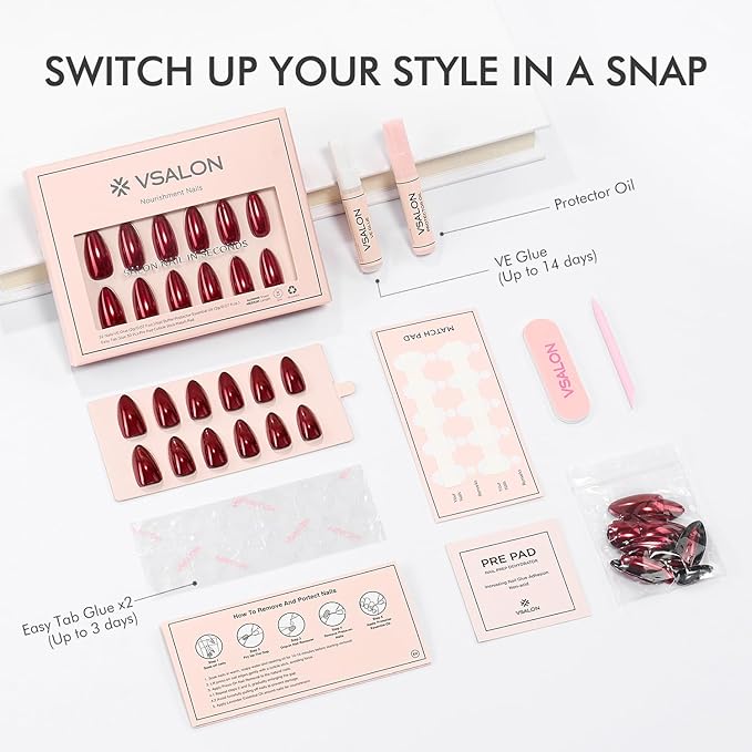 VSALON Press On Nails Almond, 32 Pcs 16 Sizes Red Press On Burgundy Chrome Metallic Medium Fake Nails With Glue & Cuticle Oil, Reusable Stick On Nails False Nails Kit