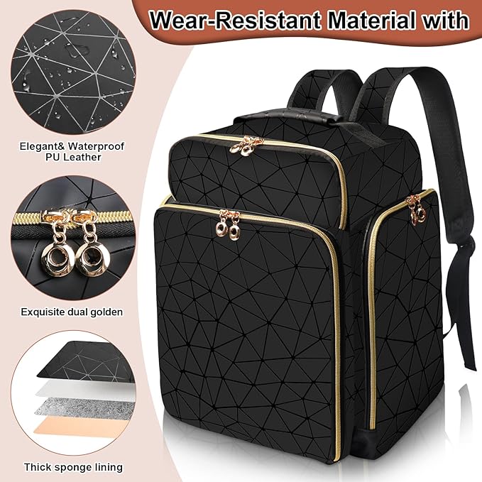 Nail Polish Organizer Backpack Holds 126 Bottles& Nail Lamp, Extra Large Nail Kit Supplies Organizer Bag with 3 Removable Cases, Portable Nail Organizers and Storage for Trave (Elegant Black)