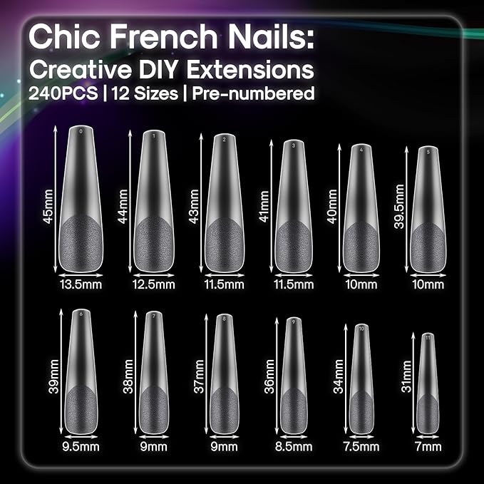 Flattened No C Curve, XXL Coffin Nail Tips, Half Matte Clear Half Cover Coffin Flat Tips for Acrylic Nails Salons Home DIY Extensions(12 Sizes 240PCS)