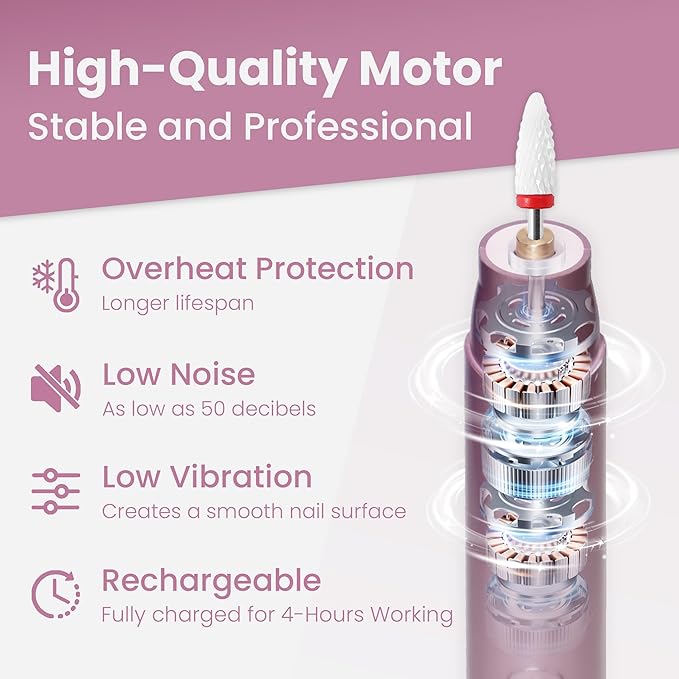 Cordless Electric Nail Drill Kit, Portable Rechargeable Nail Drill Set, Battery Electric Nail File, 5 Speeds Modes, LED Lighting, Reversible Direction, DIY, Professional (Purple)