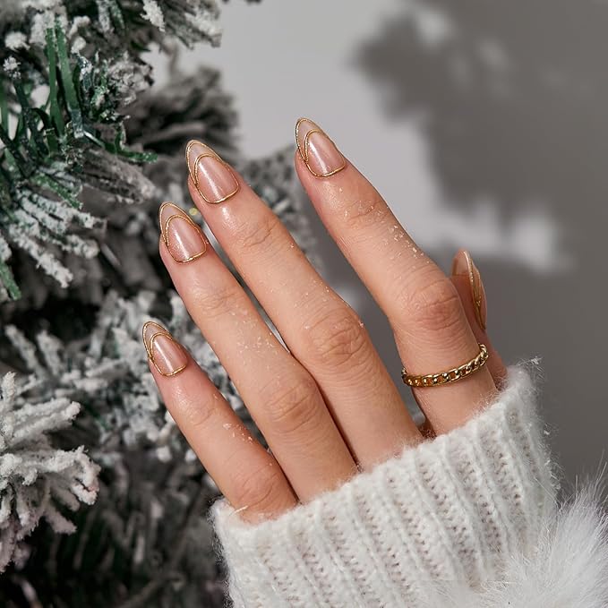 BTArtbox French Tip Press On Nails - Double Gold, Lamp-Curable 3D Gold Line Short Almond Press On Nails with Glue and Adhesive Tabs for Women in 16 Sizes - 32 Soft Gel Glue On Nails Kit
