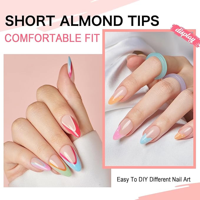 Short Almond Full Cover Nail Tips - 216pcs Pre-Shaped Gel Gelly Tips, 12 Sizes for Acrylic Nail Extension, Home DIY & Nail Salon