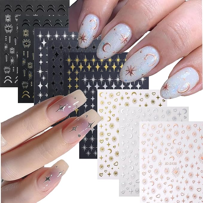 9 Sheets Star Sun Moon Nail Stickers Decals 3D Self-Adhesive Pegatinas Uñas Silver Nail Stickers Holographic Gold Black Heart Nail Supplies for Women Girls DIY Nail Art Design Decoration Accessories