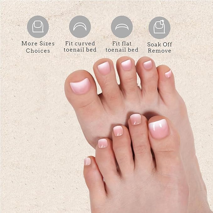 240Pcs Toe Press on nails, Short Pink Ombre Toe Nail Press Ons for Women in 15Sizes, French Tip False Toenails Extension, Soft Gel Toe Nail Tips, Acrylic Full Cover Fake Toenails for Girl