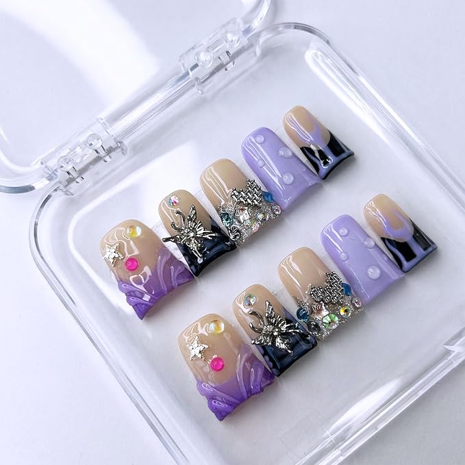 10 Pcs Handmade Press on Nails Medium Duck False Nails with Glue,3D Butterfly Rhinestone Design Purple Thick Fake Nails Heart and Star French Acrylic Reusable Glue on Nails for Women（Size M）